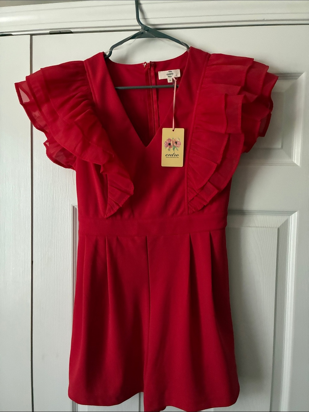 entro Red Ruffled V-Neck Romper